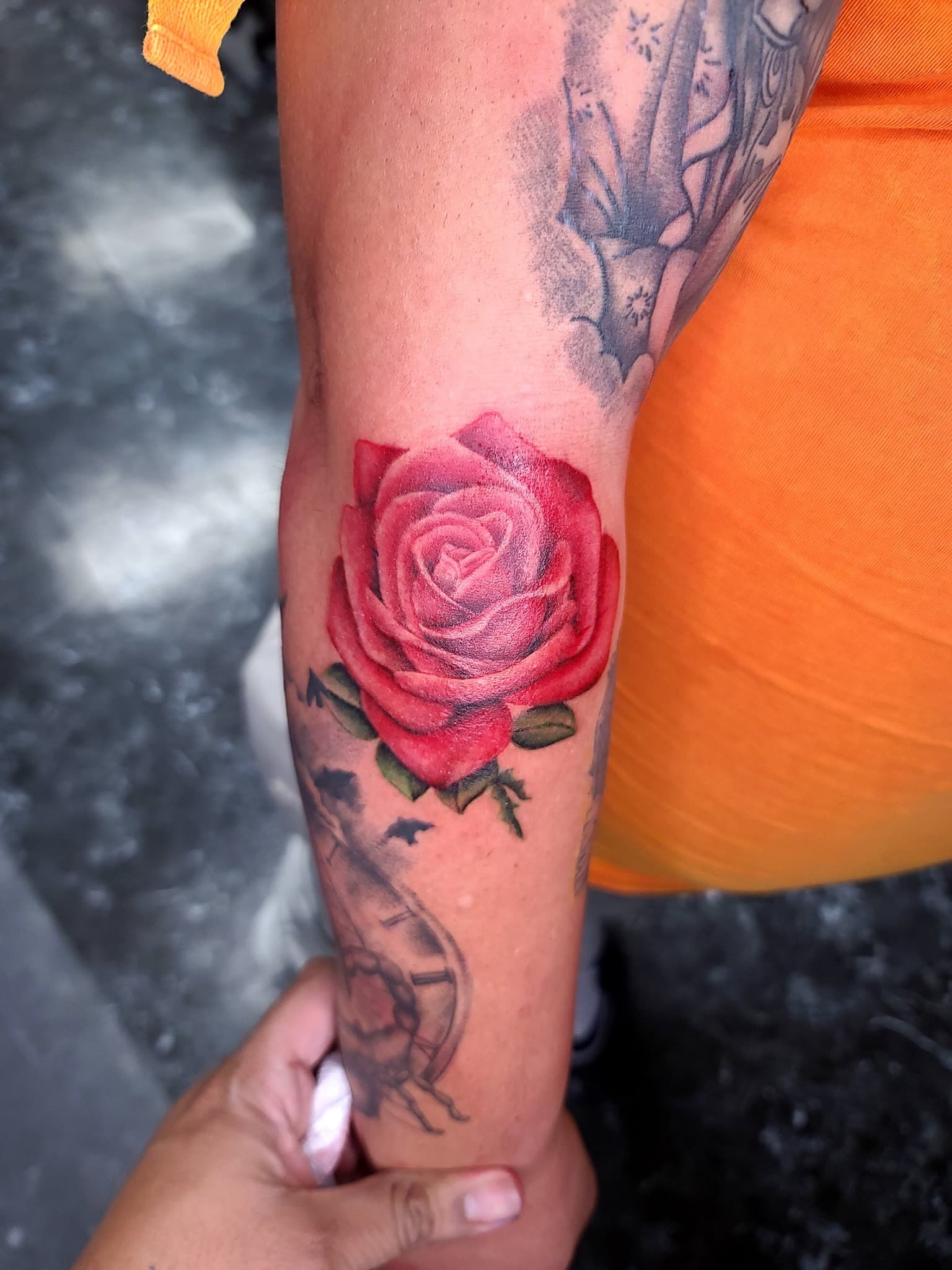 Realistic red rose tattoo on the forearm