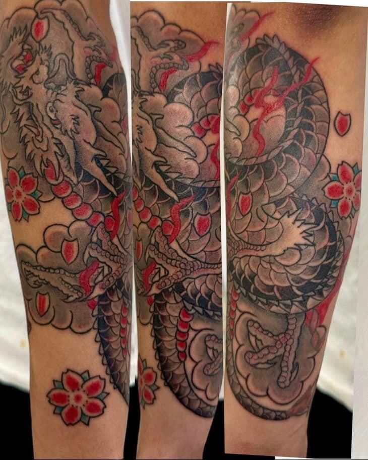 Japanese dragon forearm half sleeve by Carlos Barrera