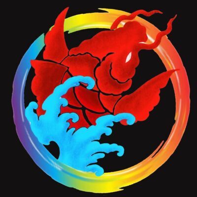 Koi Dragon Tattoos studio logo featuring a stylized red and blue koi fish encircled by a rainbow.